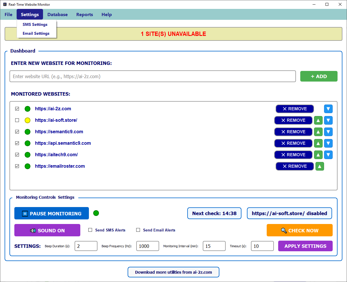 Real-Time Website Monitor: PRO, Main Window